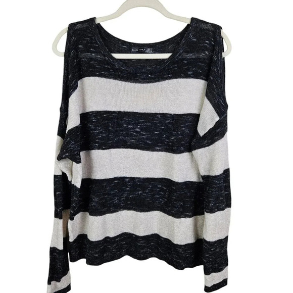 Black‎ Tape Pullover White Stripe Sweater Cold Shoulder Soft Size Large - Picture 1 of 8